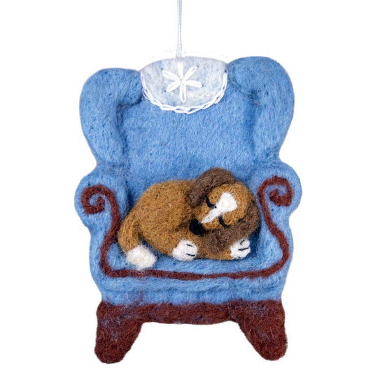 Dozy Dog in Chair Needlefelted Ornament