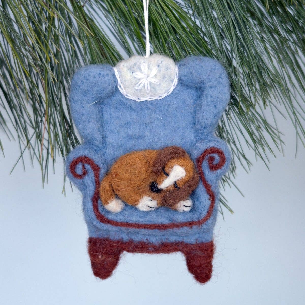 Dozy Dog in Chair Needlefelted Ornament