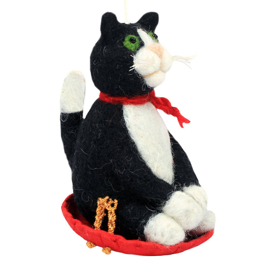Sledding Tuxedo Cat Needlefelted Ornament