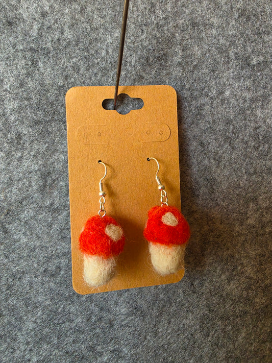 Mushroom with Red Top Needlefelted Earrings